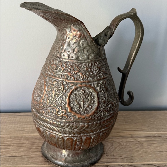 Antique vintage 19th century Indian Persian Copper floral jug vase hand hammered